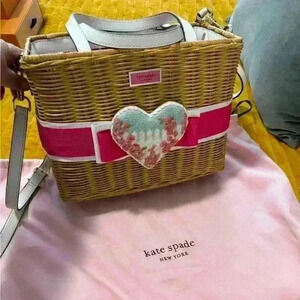 Kate Spade Basket Wicker Handbag with handmade needlepoint heart and pink ribbon